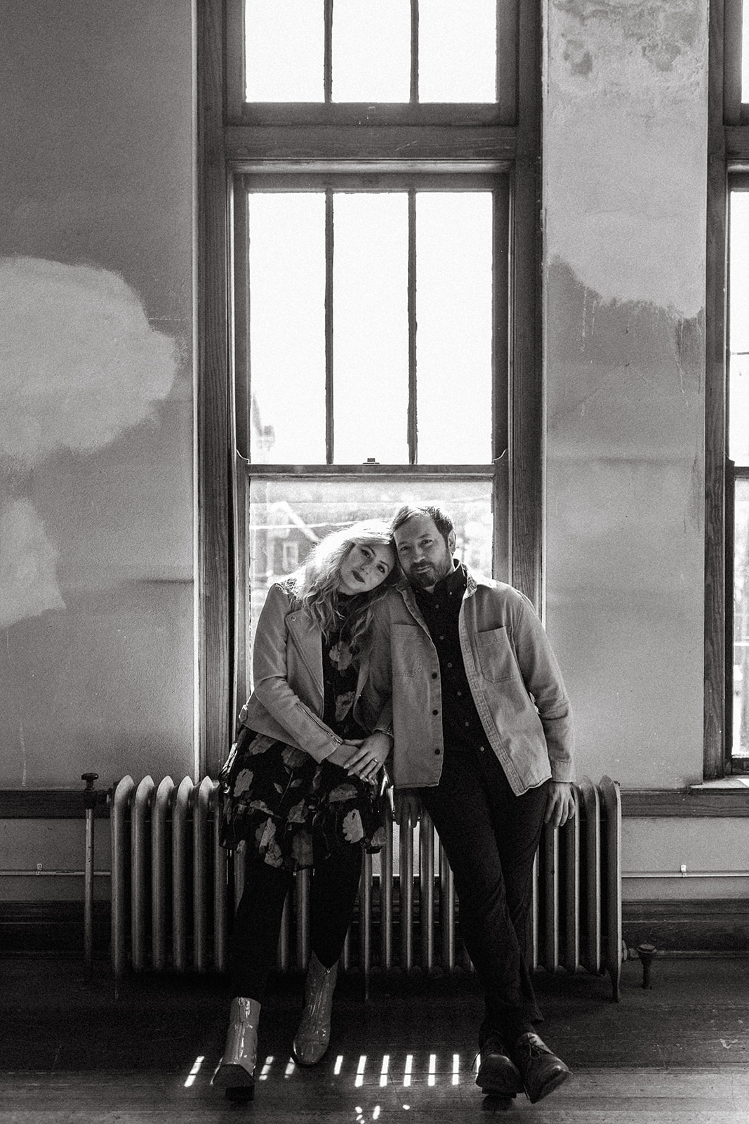 black and white engagement photo in vintage sunday school