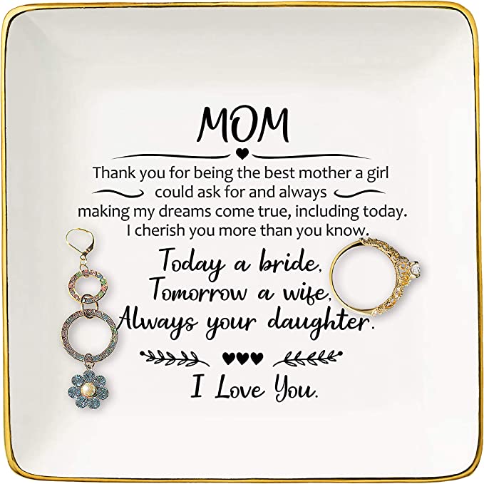 A porcelain jewelry dish with a special message written to your mom on your wedding day.
