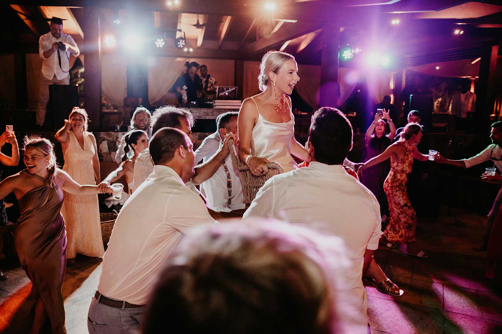 Lively wedding celebration with guests dancing and enjoying the tropical vibes in the British Virgin Islands.