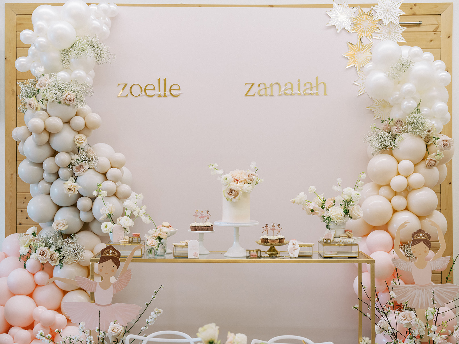 Ballerina Birthday backdrop for Zoelle and Zanaiah with dessert spread, florals, and balloons.