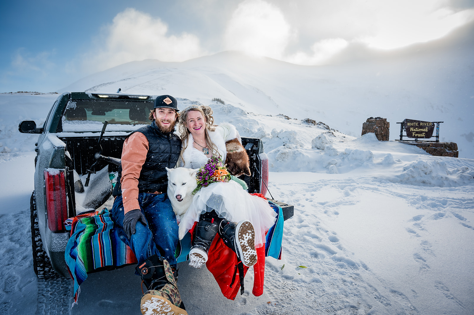 a couple hangs in the back of their truck with their puppies after their winter elopement on loveland pass .