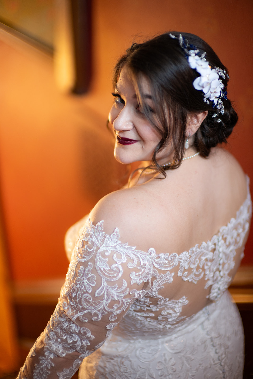 sultry bridal portrait at historic Knowlton Mansion staircase 