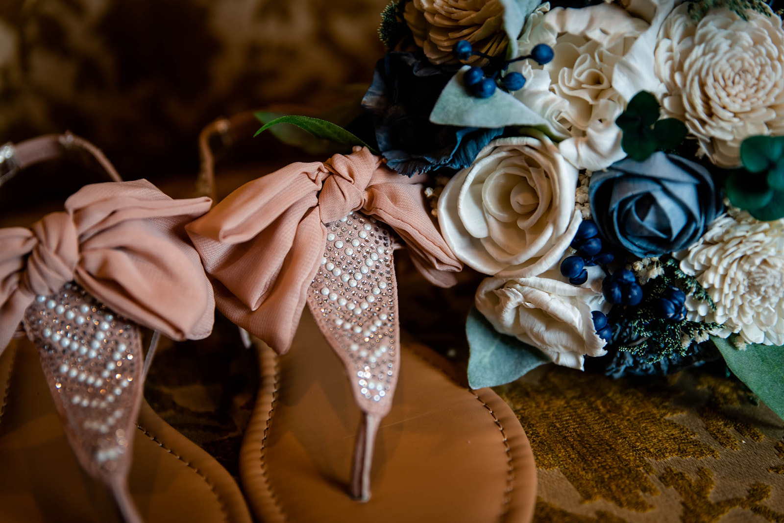 wedding sandals and wooden florals are perfect for this simple yet gorgeous Wedgewood mountain view ranch wedding