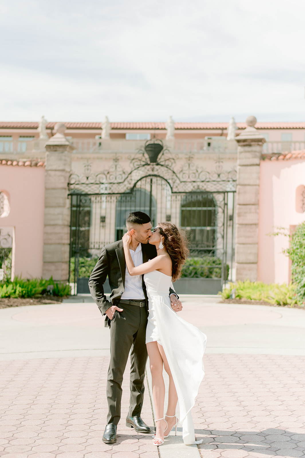 "Elegant and beautiful Ringling Museum engagement session with stunning Indian couple in romantic setting"
