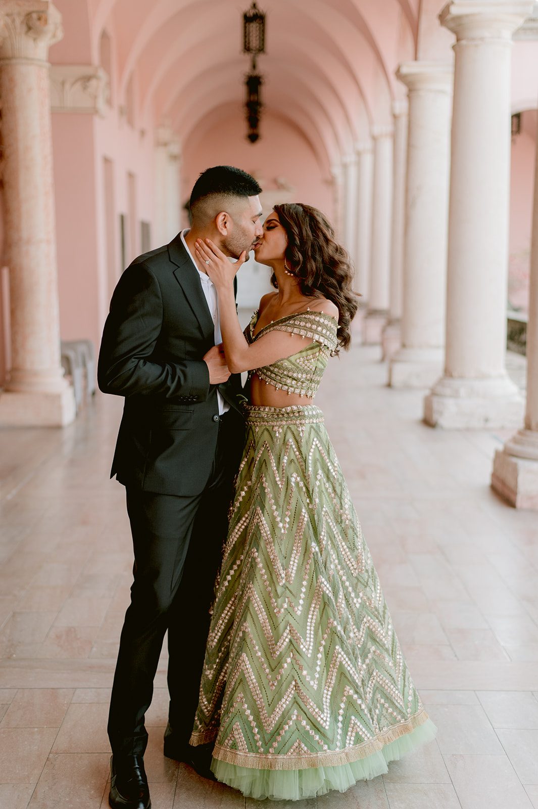 "Elegant and romantic Ringling Museum engagement session with Indian attire"
