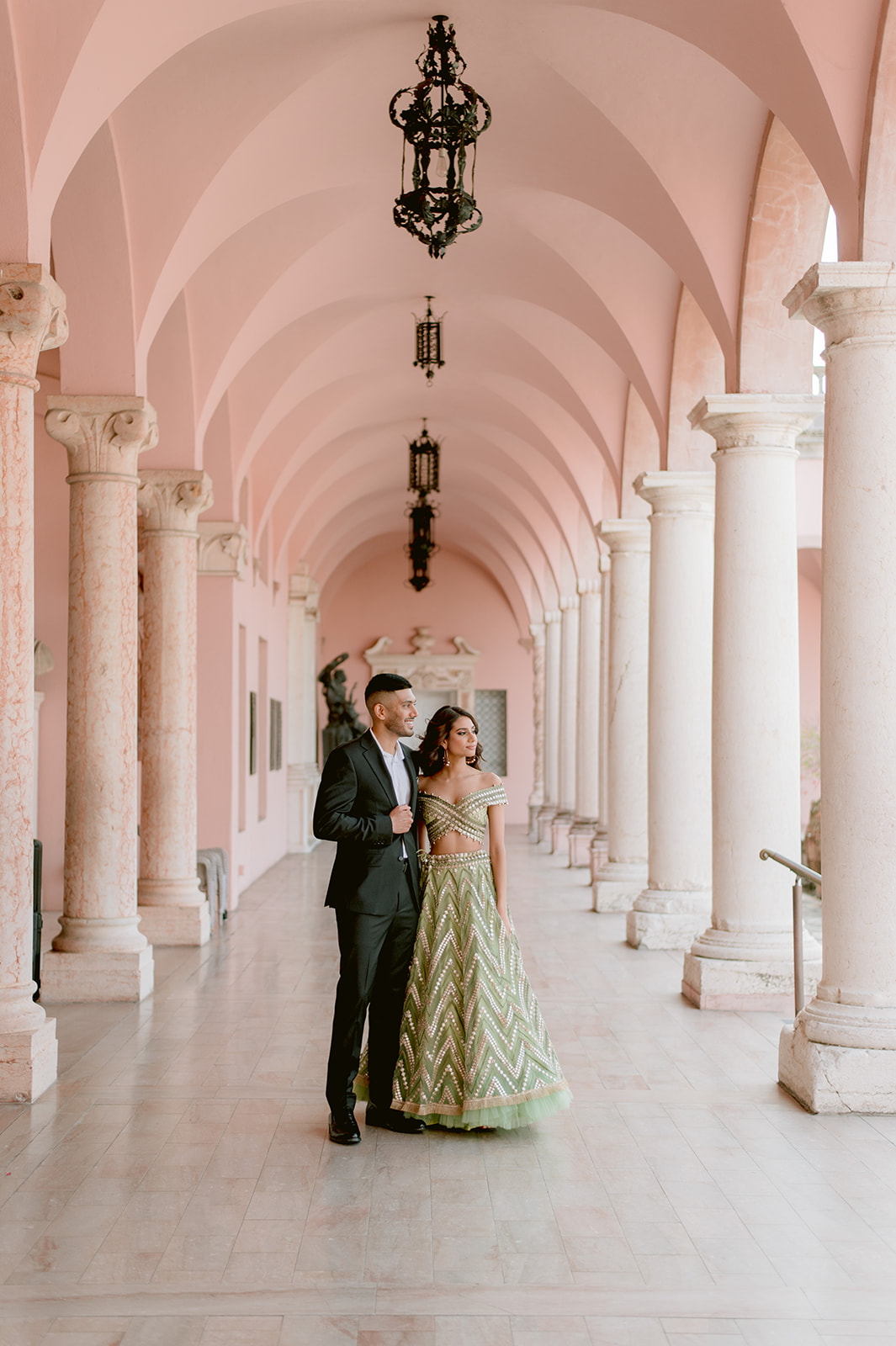 "Indian bride and groom showcasing their love at the Ringling Museum's Ca' d'Zan"
