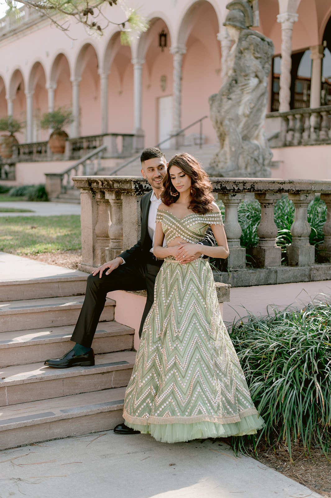 "John and Mable Ringling Museum engagement shoot with Indian couple in love"
