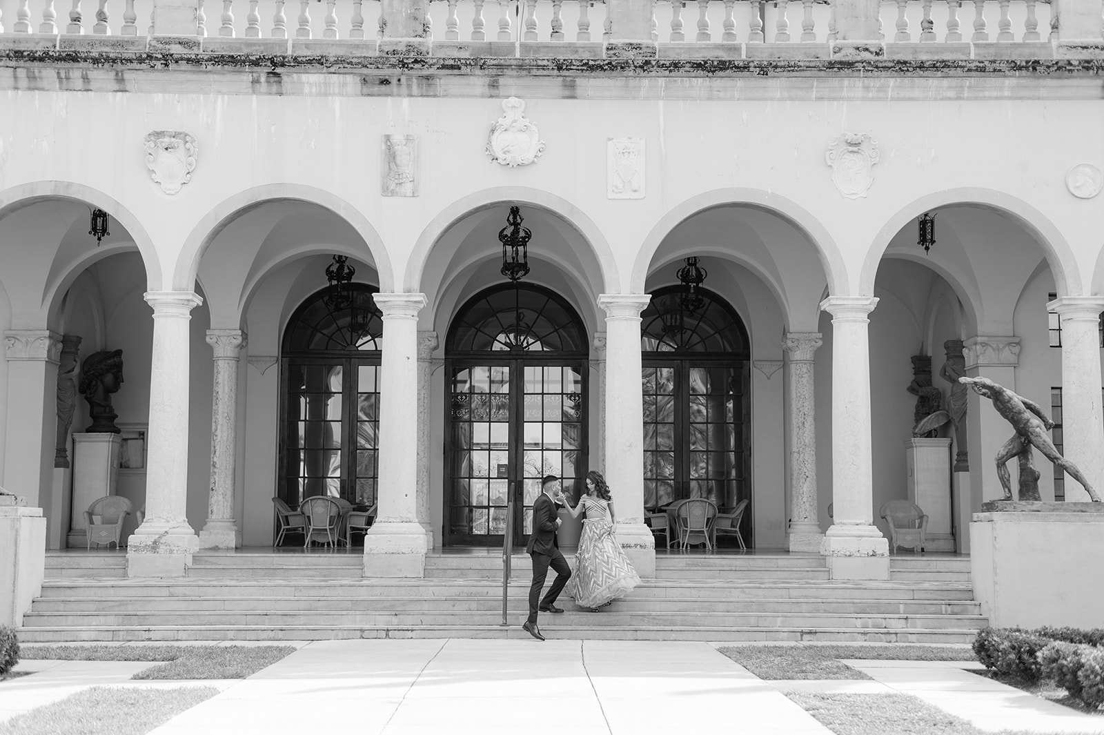 "John and Mable Ringling Museum engagement shoot with Indian couple"
