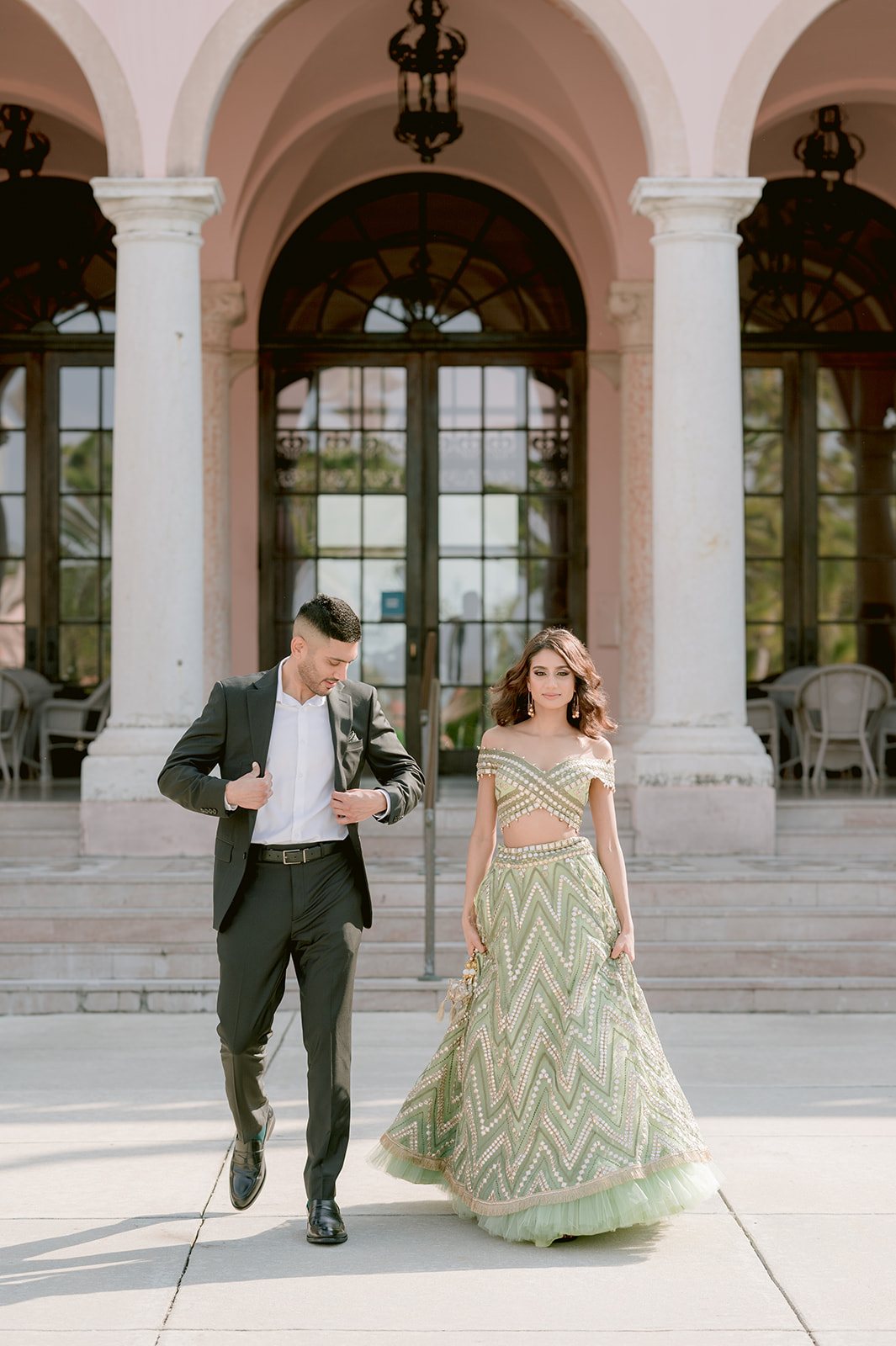 "Ringling Museum engagement session featuring pastel green and gold Indian outfit"
