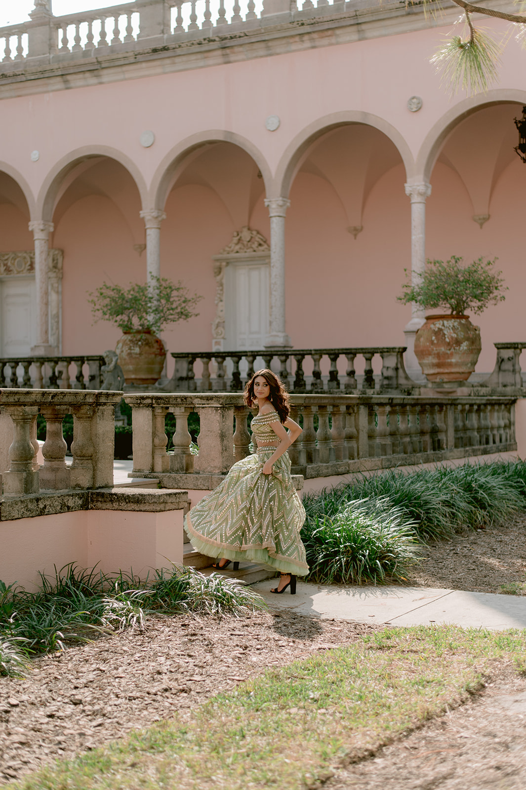 "Ringling Museum engagement session with stunning Indian attire and romantic details"
