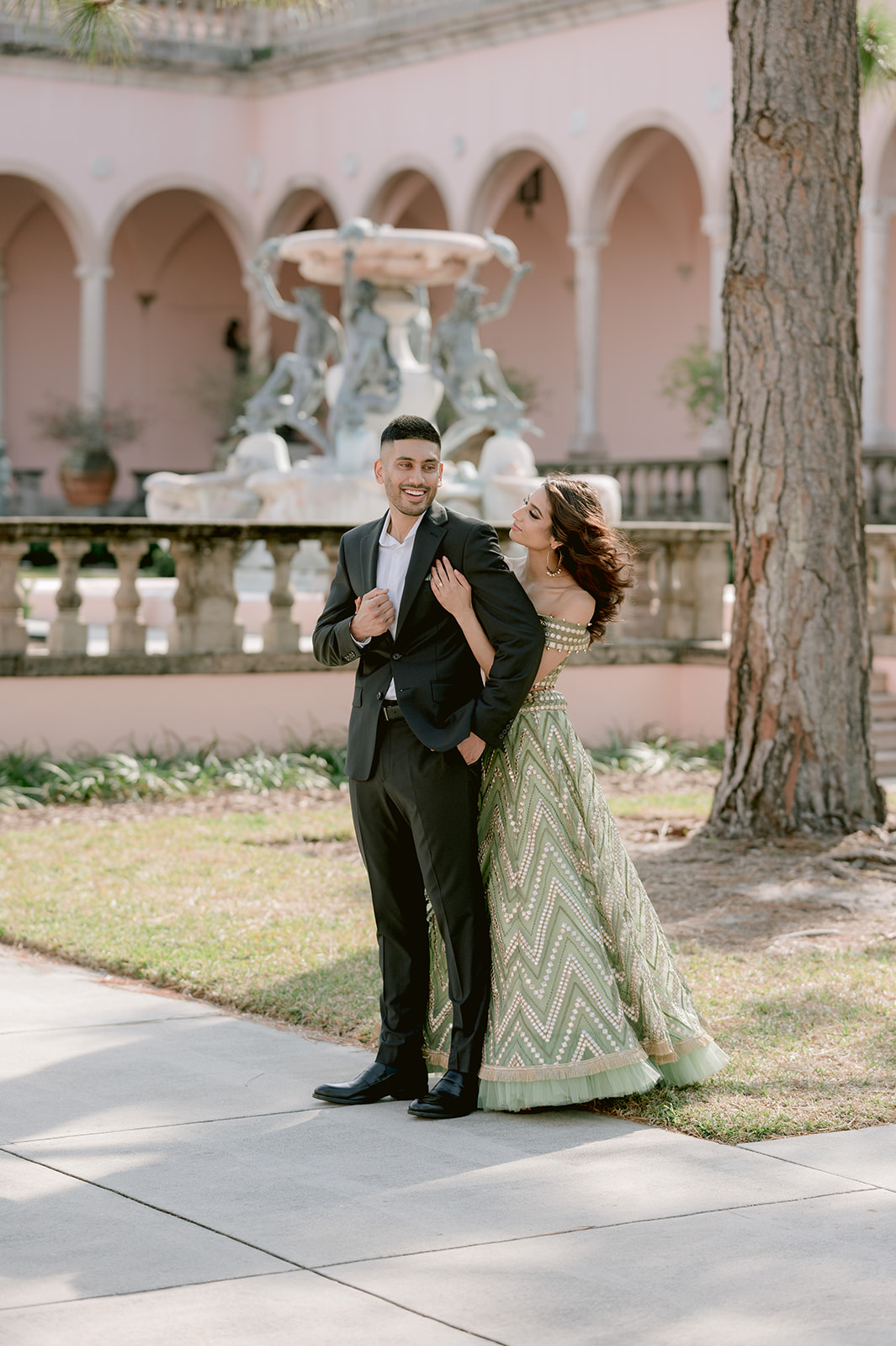 "Ringling Museum engagement shoot with stunning architectural details and Indian attire"
