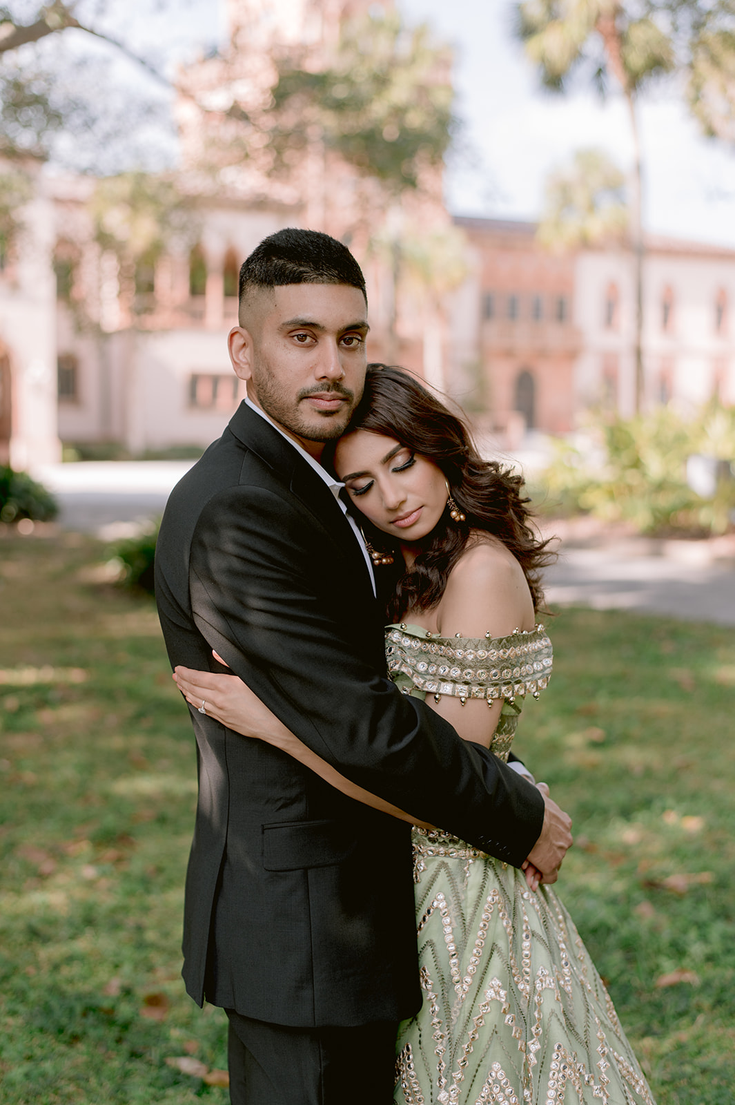 "Romantic engagement session at the John and Mable Ringling Museum with Indian couple"
