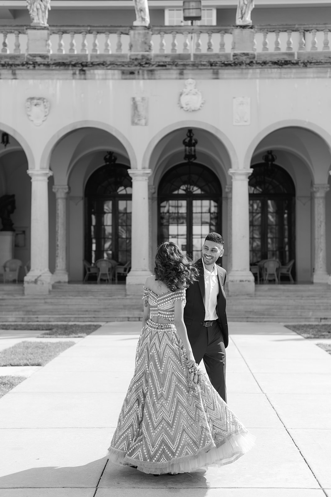 "Romantic Ringling Museum engagement session with stunning Indian attire"
