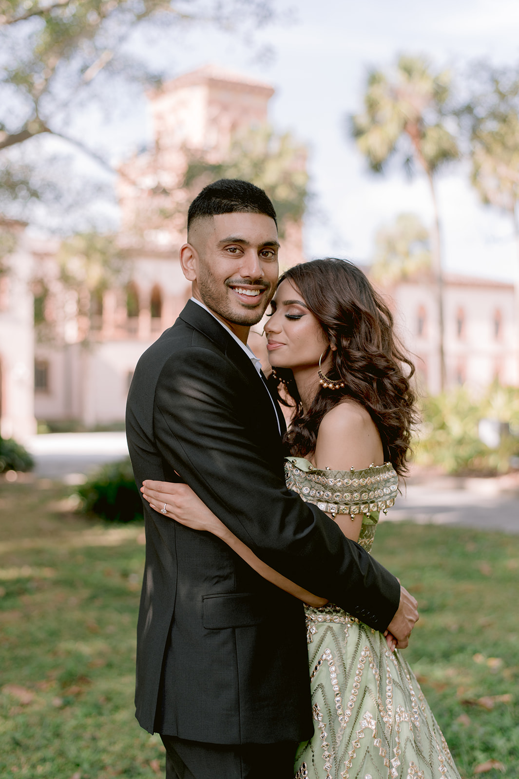 "Stunning Ringling Museum engagement session with Indian couple in love and beautiful location"
