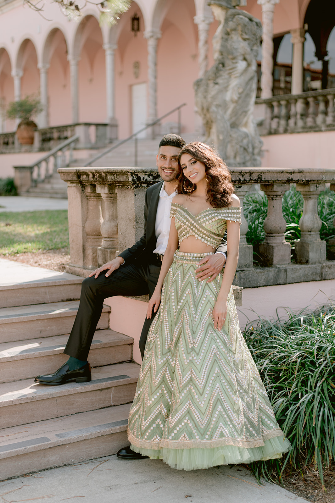 "Stunning Ringling Museum engagement session with the Ca' d'Zan as a beautiful setting"
