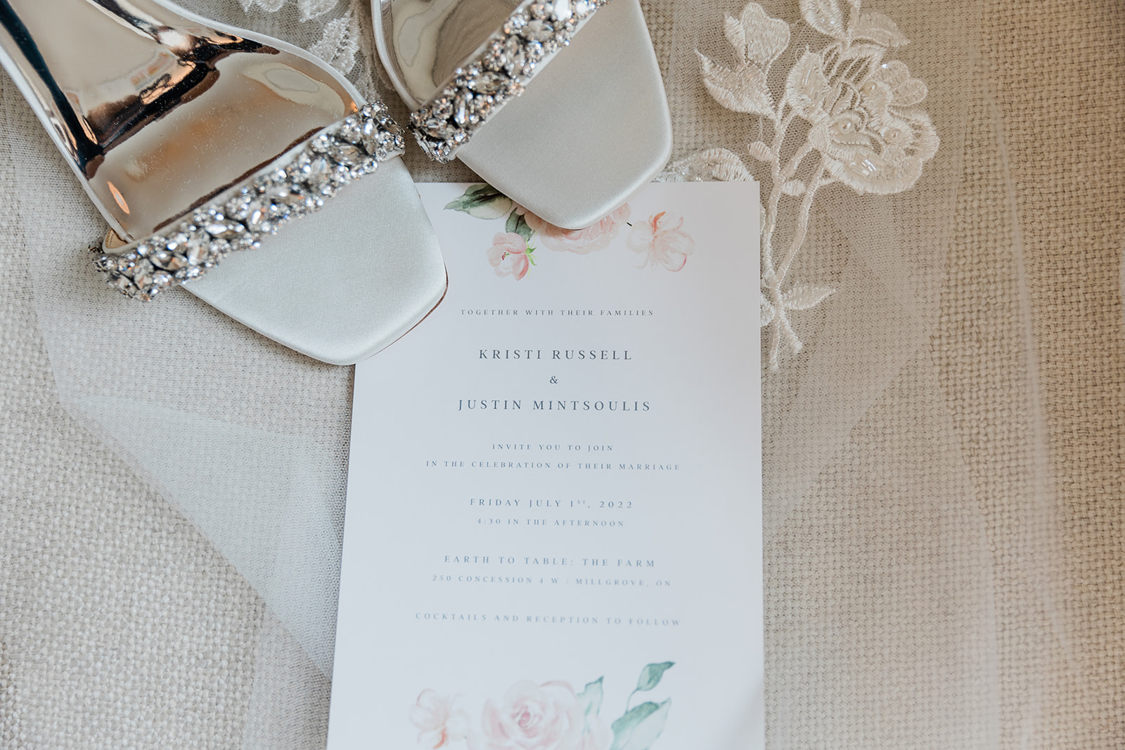 bride flat lay heels at farm to table wedding by jess collins photography