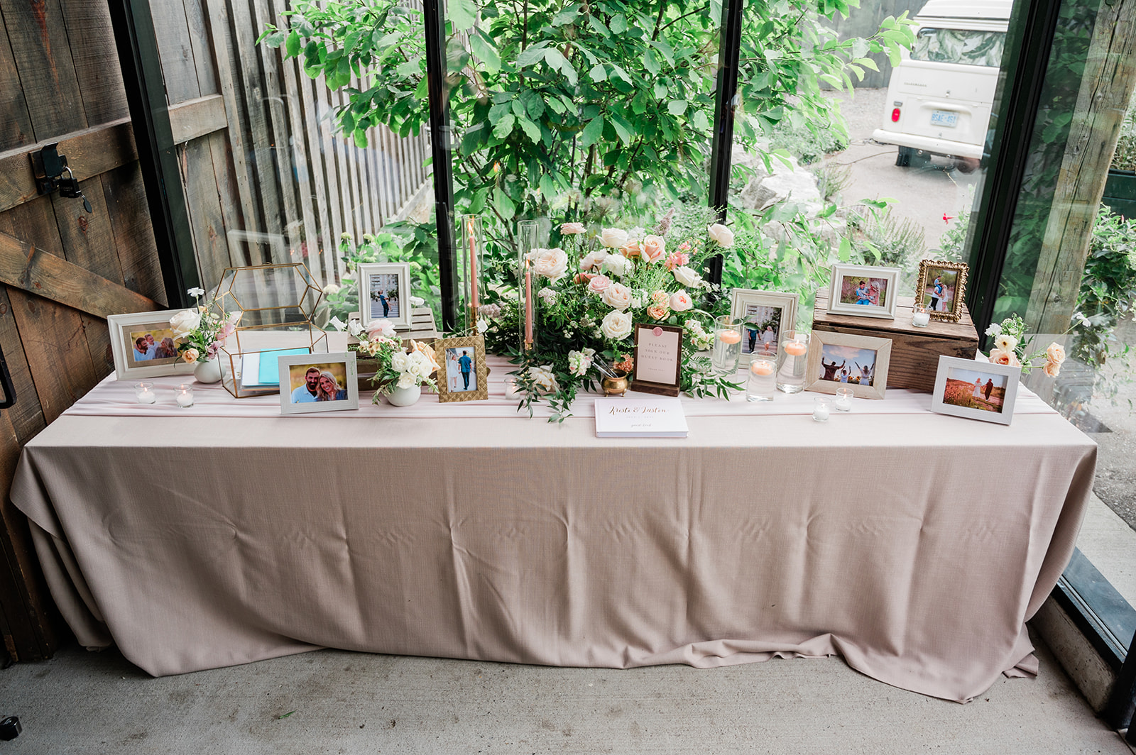reception welcome table at farm to table wedding by jess collins photography