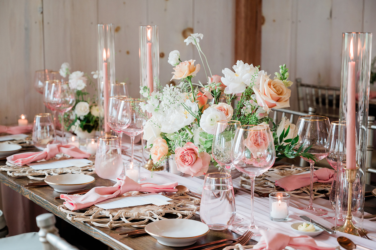 wedding reception table center piece at farm to table wedding by jess collins photography