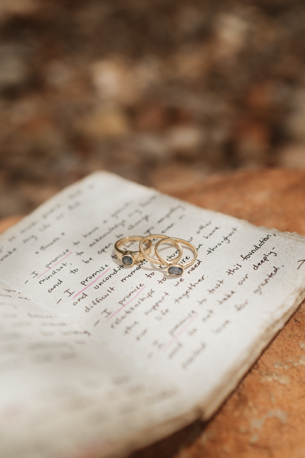 Three wedding rings sitting on a vow book with text written on it. 