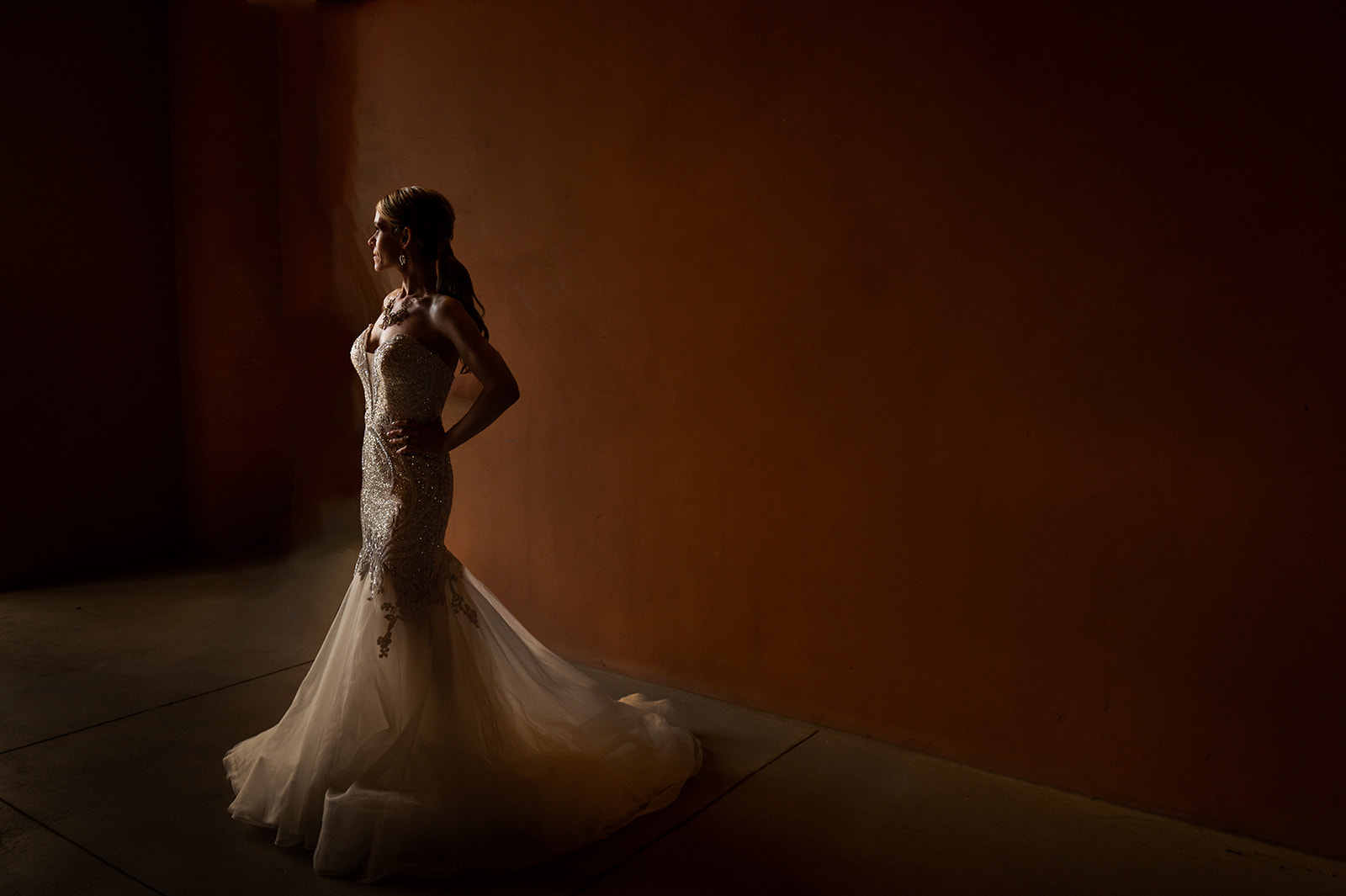 Bride standing in beautiful light in wedding photo in Las Vegas