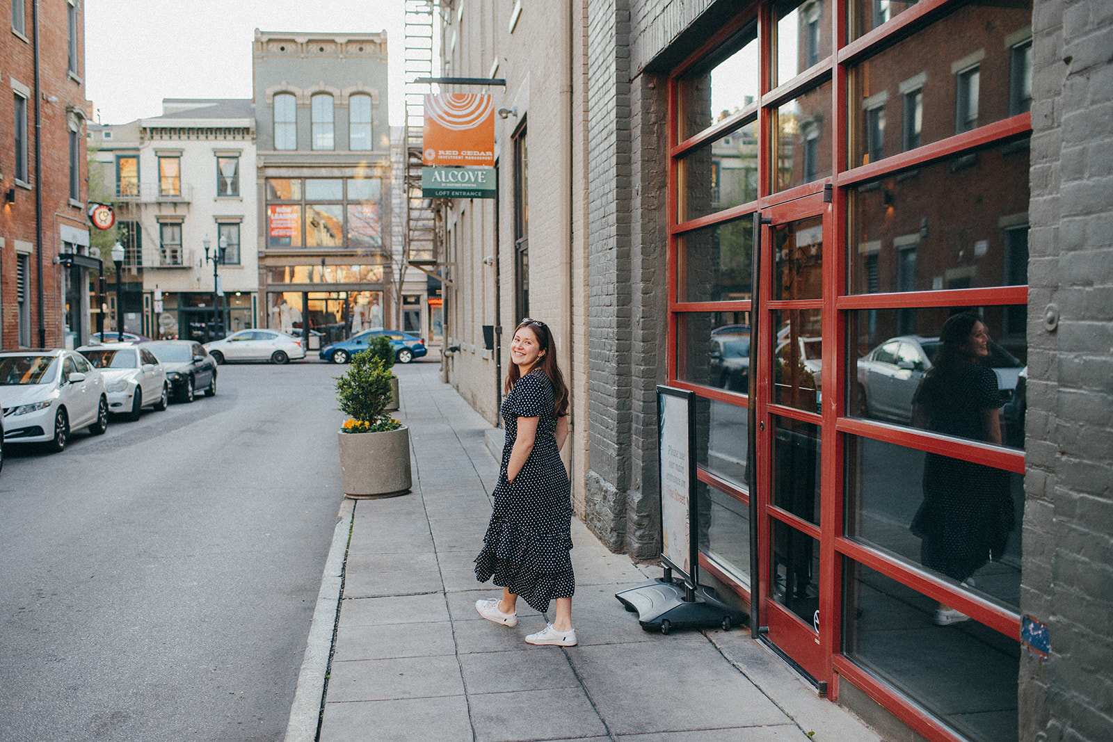 A bride-to-be walking down the streets of Cincinnati's Over the Rhine