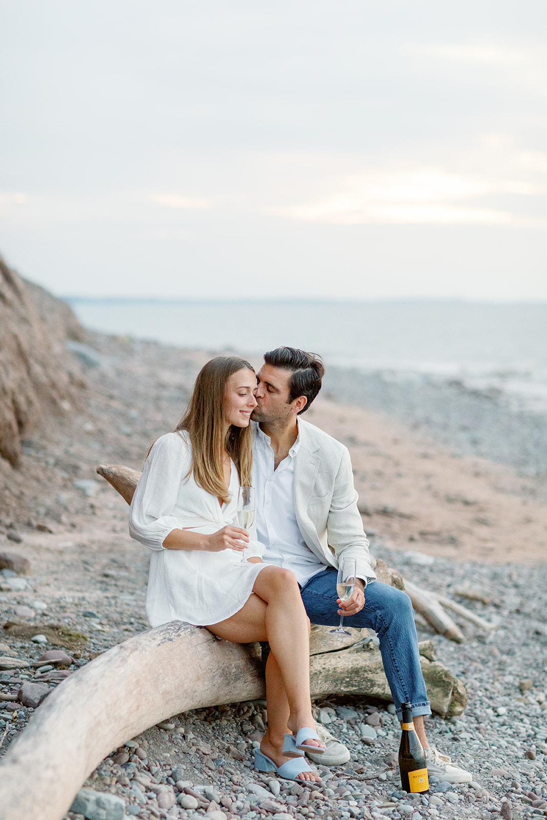 A coupe sitting on drift wood at Chimney Bluffs during their Rochester NY engagement session