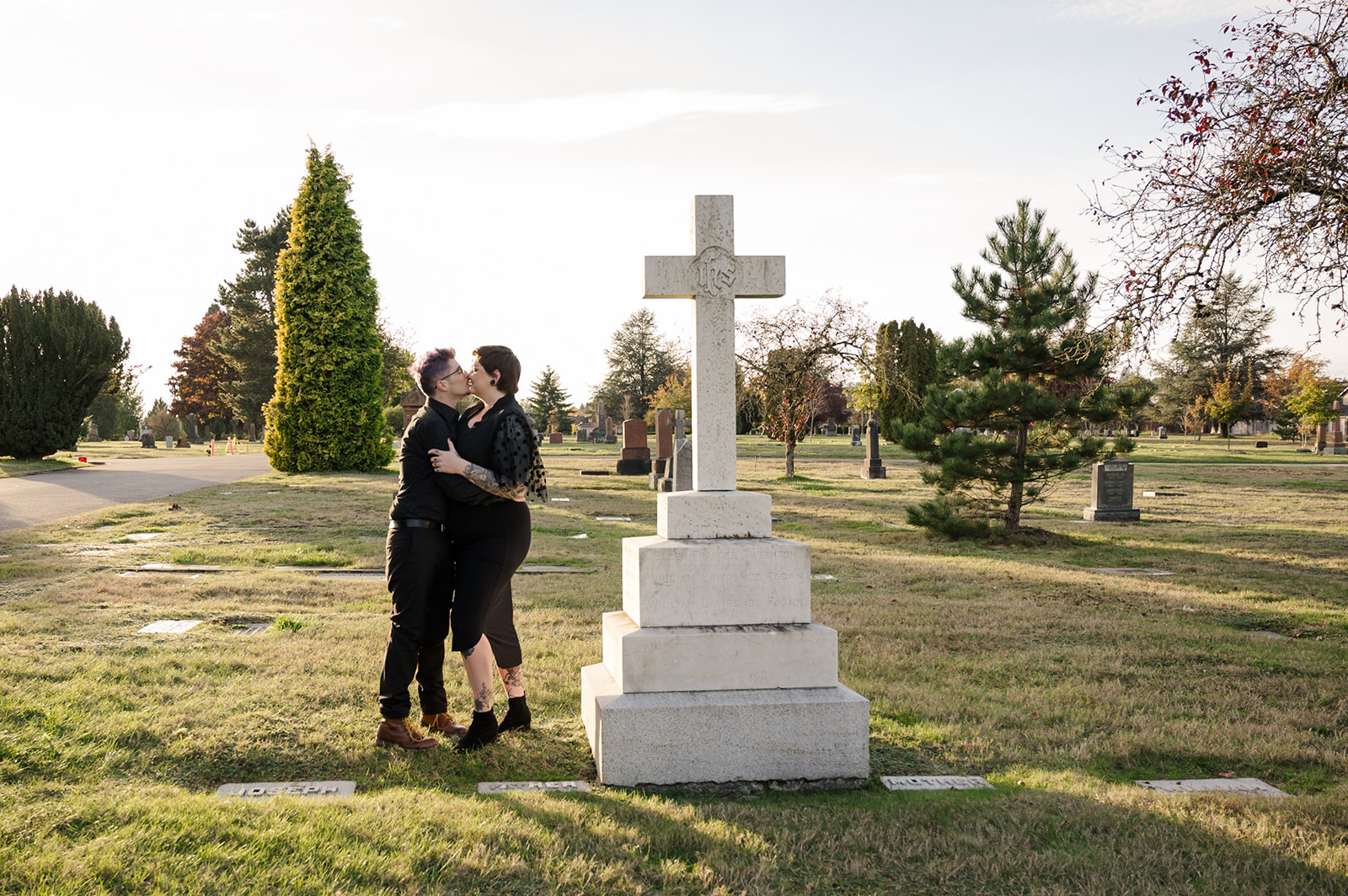 sunset engagement photos in cemetery