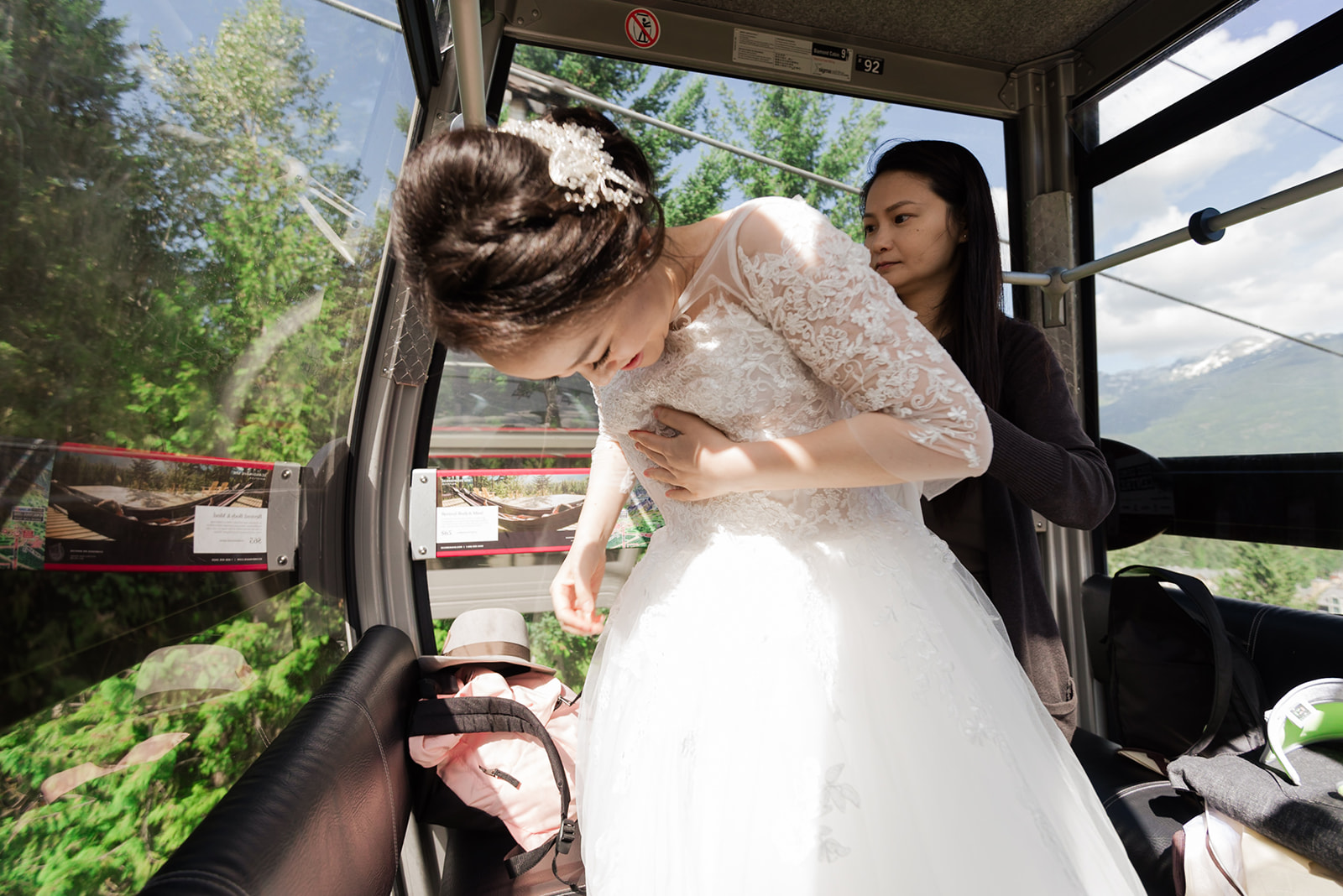bride-to-be getting ready in whistler gondola